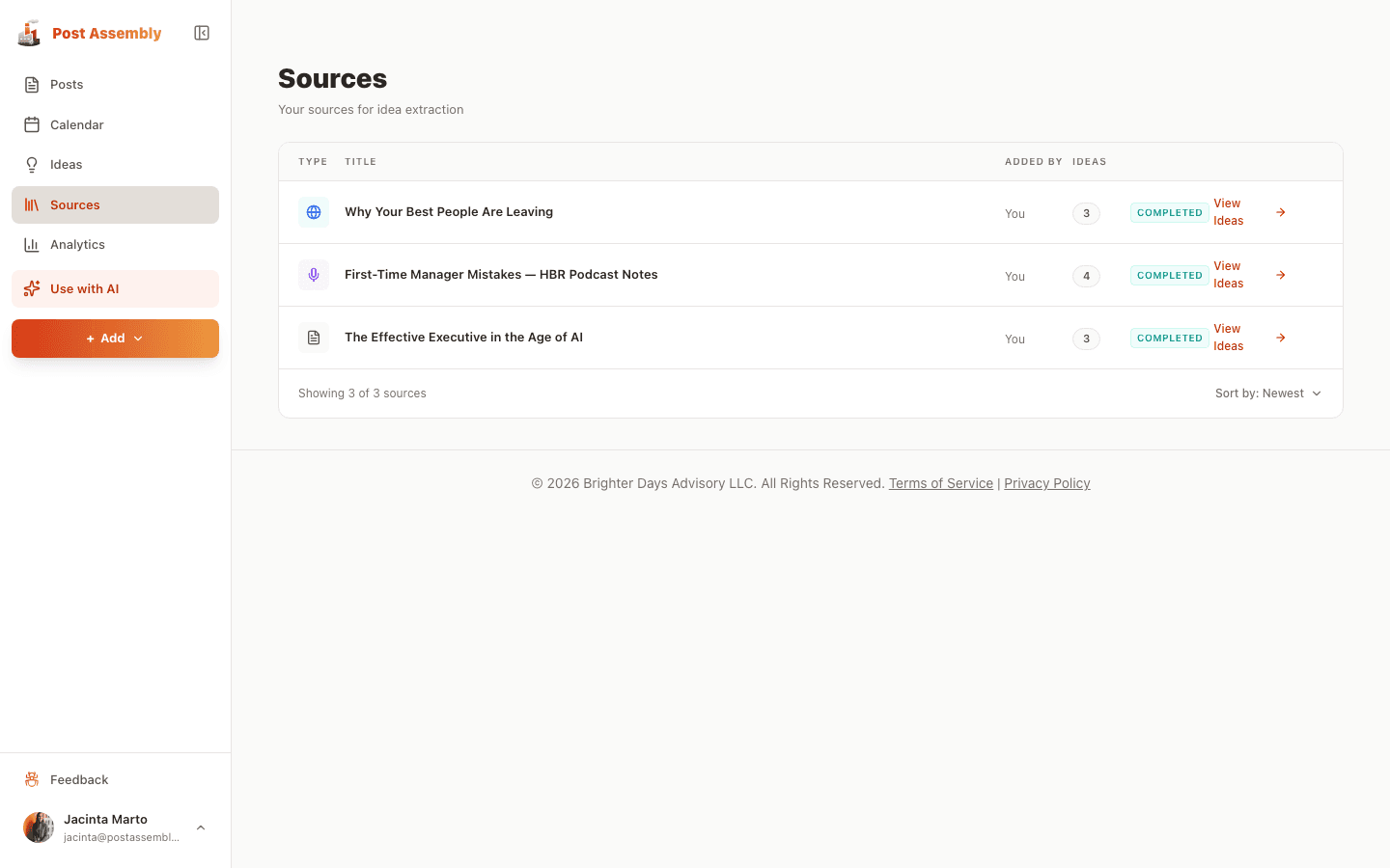 Post Assembly sources view showing uploaded podcasts and documents
